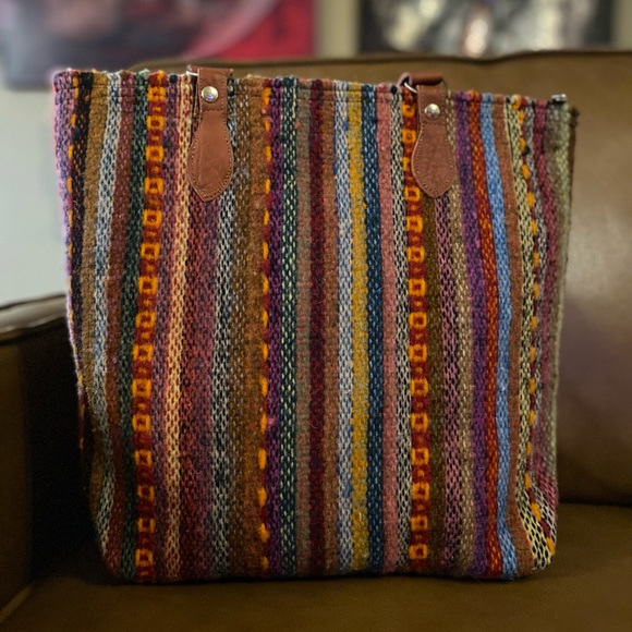 Unique chic colorful textured handwoven wool computer bag purse, leather handles - Picture 3 of 7